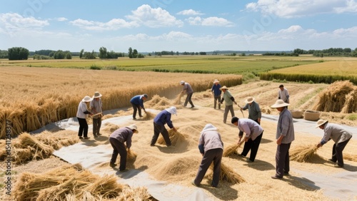 Farmers working together to thresh wheat under a sunny sky