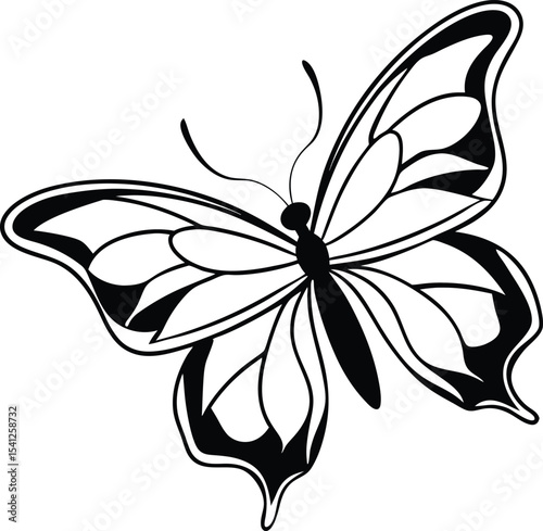 Black and white floral vector illustration with a delicate butterfly tattoo design, perfect for nature-inspired art and decoration