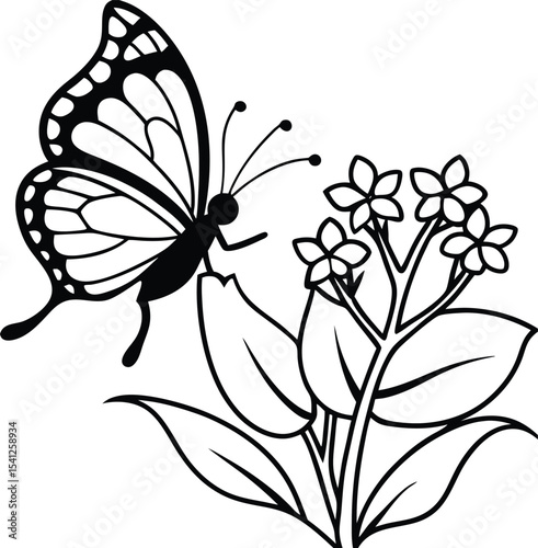 Vintage black and white floral illustration with a delicate butterfly, seamless nature art design