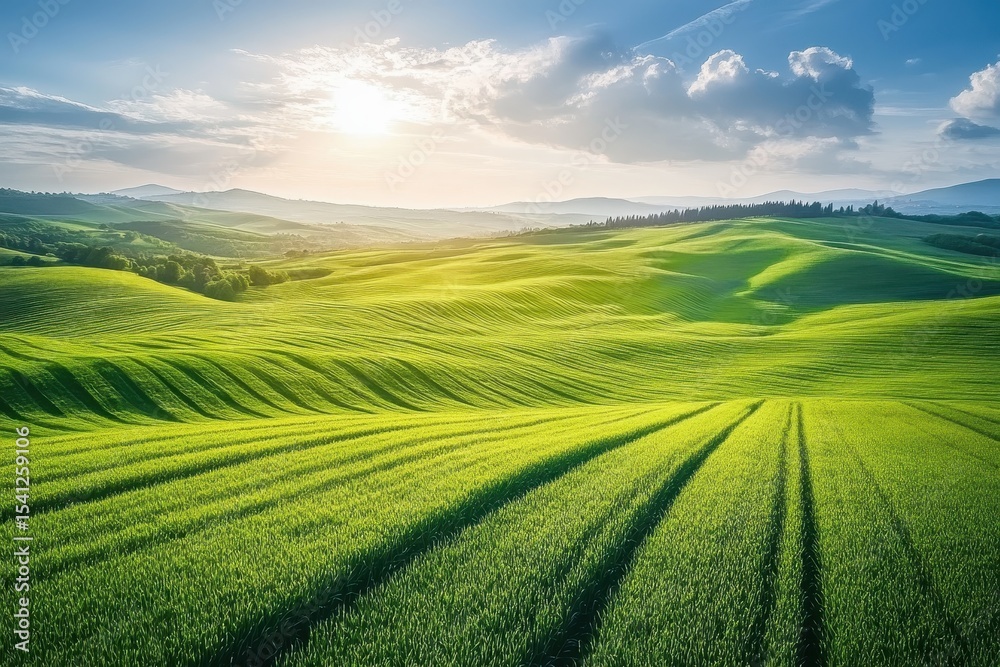 Obraz premium Expansive rural agricultural land with rolling green fields in Tuscany under a clear blue sky, Rural Scene Of Agricultural Land With Fields In Tuscany, Italy Aerial Wide Shot