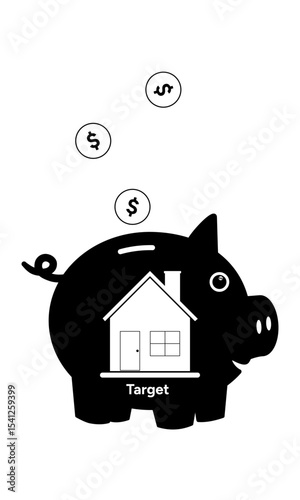 Black smiling piggy bank with dollar coin saving for house. Saving Money Growth Concept, Vector Flat Illustration.	