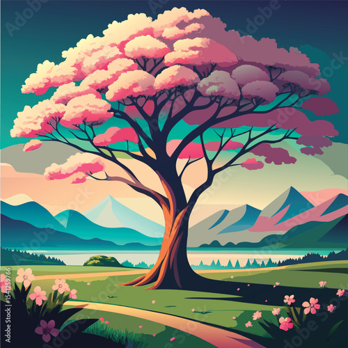Springtime scenery with a majestic tree.