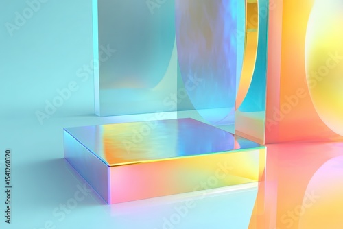 Product packaging with holographic elements, smooth gradients, and reflective surfaces for high-tech appeal.