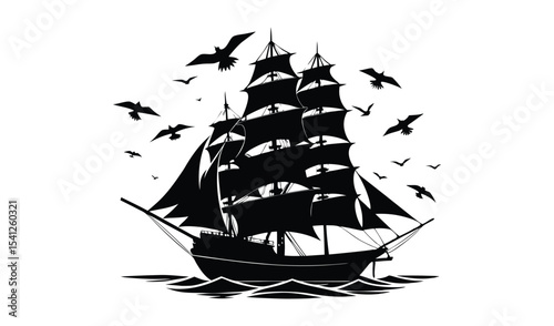 Silhouette of a tall ship sailing on the ocean with birds