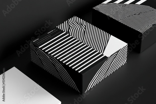 Sharp high-contrast packaging design in black and white, featuring bold lines and striking elements.