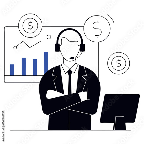 Customer Support Agent Illustration – Businessman with Headset and Financial Icons Vector