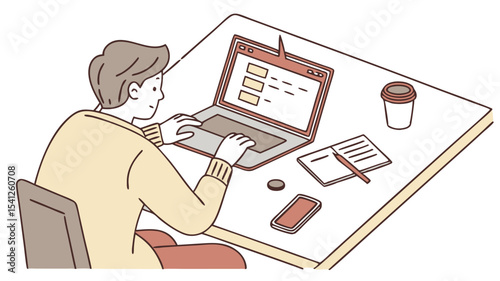 Person sitting at a desk typing on a laptop with a coffee cup and notepad on the desk working remotely