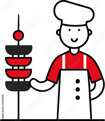 Outline / Line Icon: A line drawing of a street food vendor grilling kebabs with white background