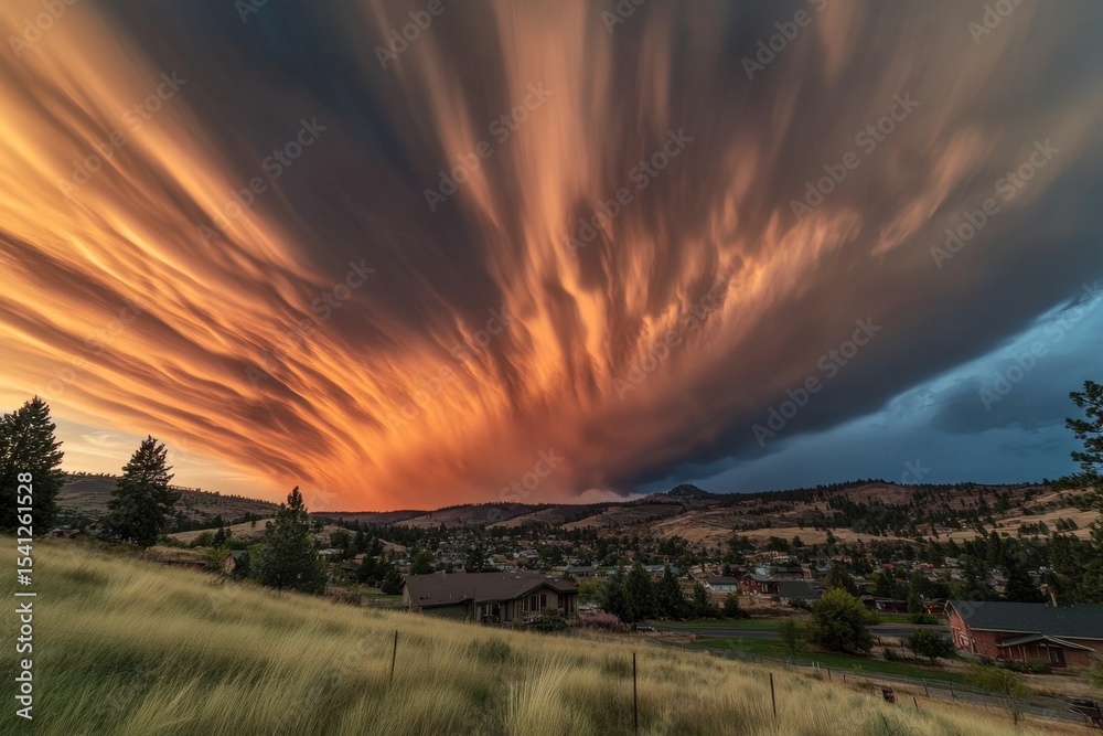 Fototapeta premium Vibrant wispy clouds and stunning sunset colors over serene landscape in time lapse view, Wispy clouds moving in the sunset sky, timelapse from day to night