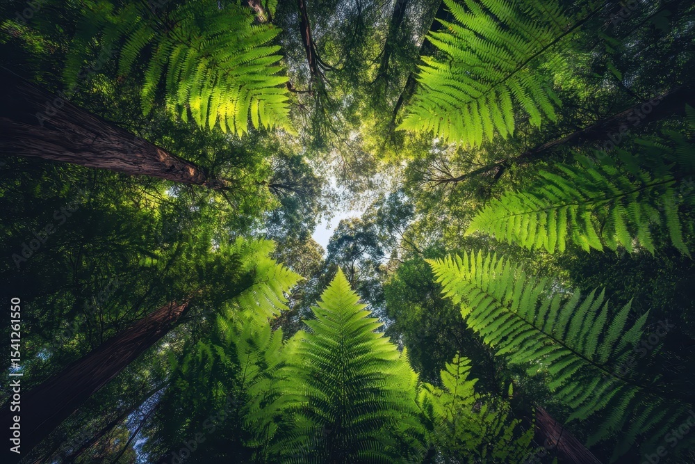 Fototapeta premium View through forest canopy revealing vibrant ferns and towering trees in natural habitat, Through forest canopy above ferns and trees in national park of Australia