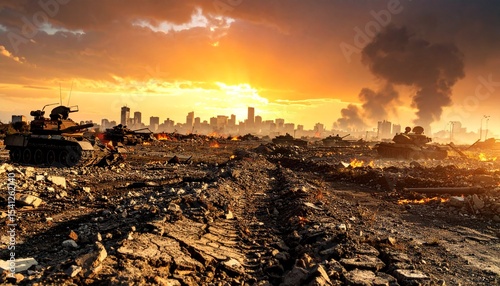 Abandoned battlefield at twilight, destroyed tanks, crumbling city skyline in the distance, dark smoke rising, cracked roads, glowing embers, post-apocalyptic tone, war zone scenery