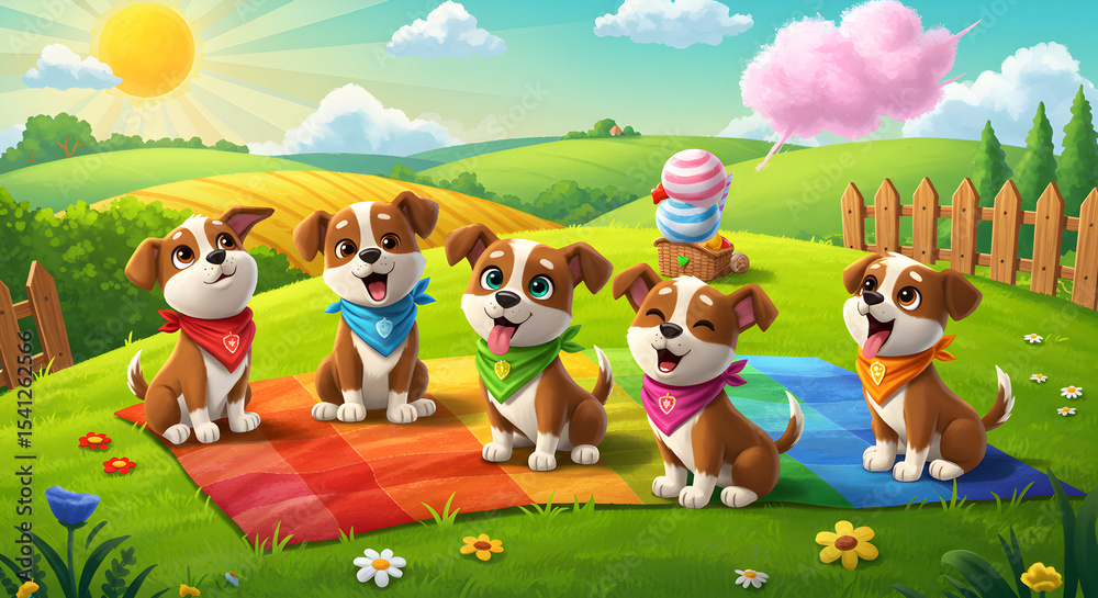Naklejka premium Cute Cartoon Puppies Having a Picnic on a Sunny Day in a Beautiful Landscape