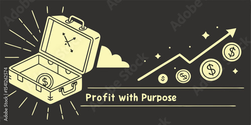 Open briefcase with dollar coin and upward trending arrow showcasing profit with purpose concept design