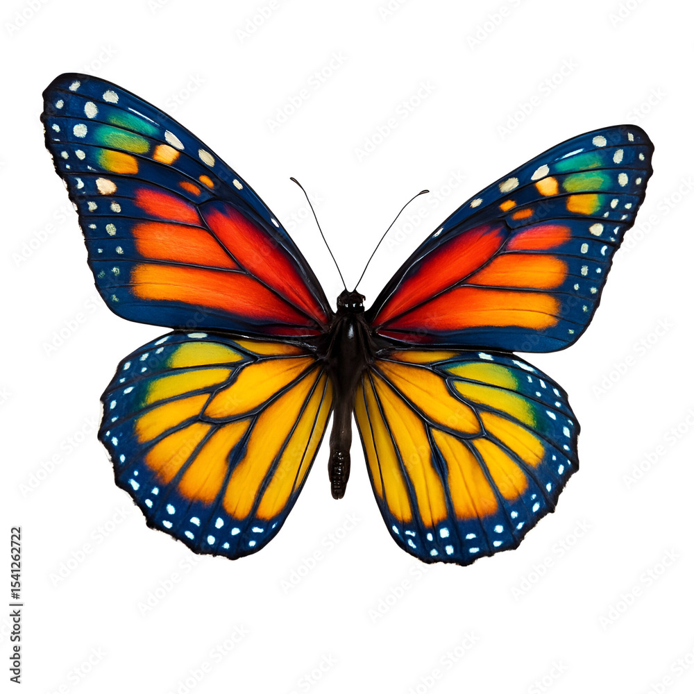 Fototapeta premium Stunning 3D Colorful Butterfly with Vivid Wings on White Background – Nature-Inspired Digital Art for Prints, Decor, and Education.