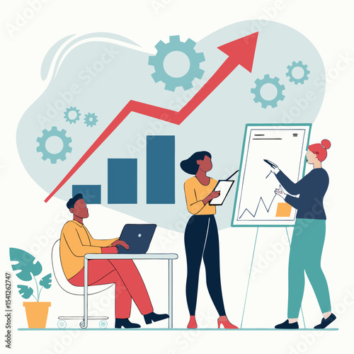 Successful business people analyze finance graphs in an office meeting