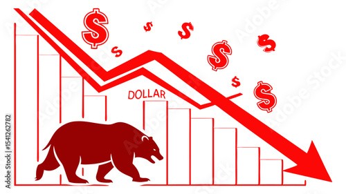 Illustration of a bear market with a descending red arrow and dollar signs indicating financial downturn