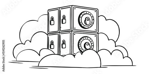 Sketch illustration of a secure cloud storage with padlocks and vault doors in black and white style