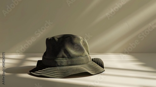 A muted olive green hat rests on a plain surface.