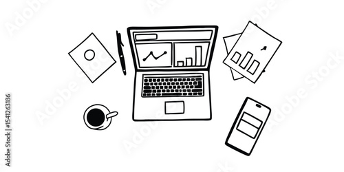 Overhead view of a desk with laptop, coffee, phone, pen, and documents arranged in a workspace setting