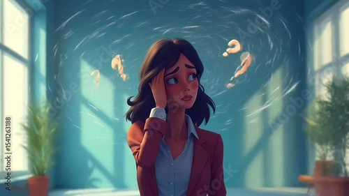 Animated woman feeling confused in office interior
