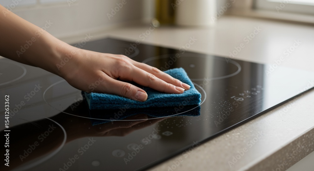 Fototapeta premium Woman Cleaning Glass Cooktop with Blue Cloth in Modern Kitchen