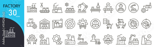 Factory related icon collections. Containing industry, building, production, machine, manufacturing, gear, assembly, automation, warehouse, power icons. Outline icons.
