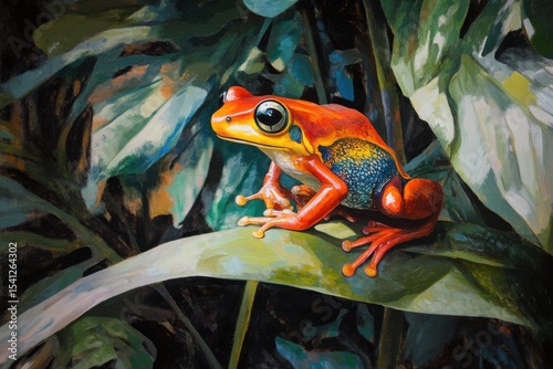 Vibrant frog perched on green leaf amidst lush green foliage in tropical environment, Vibrant frog sits on leaf, surrounded by lush foliage