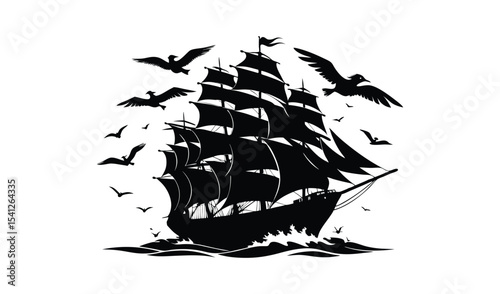 Silhouette of a tall ship sailing on the ocean with birds
