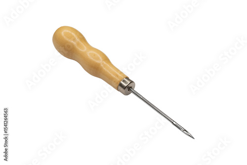 Sewing awl with light wooden handle and sharp metal tip is isolated.