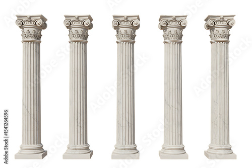 Five classical marble columns isolated on transparent background