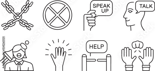 Diverse set of social issues and communication line icons depicting freedom, silence, and assistance