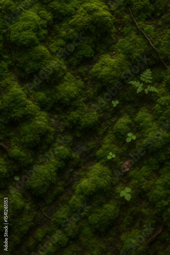 Mossy Forest Floor with Lush Green Texture and Clovers