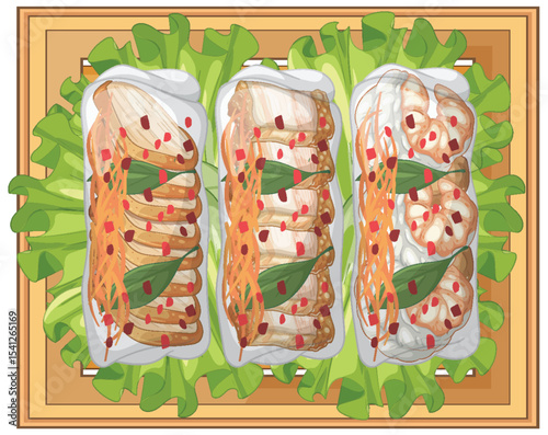 Colorful Asian Food Vector Illustration on Wooden Tray
