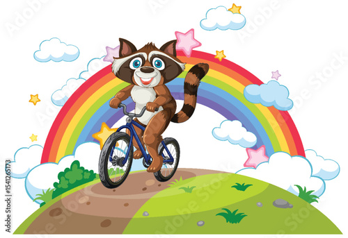 Raccoon Riding Bike Under Rainbow