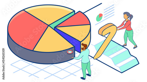 Isometric pie chart with man and woman pushing number seven on grid background and chart document