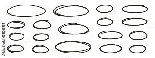 Crayon outline ovals or ellipses set. Pencil hand drawn emphasis elements, freehand line art black frames. Doodle style chalk sketches, round shapes on white background. Vector illustration