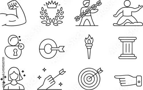 Comprehensive collection of achievement, success, and strength line icons for goals and triumph