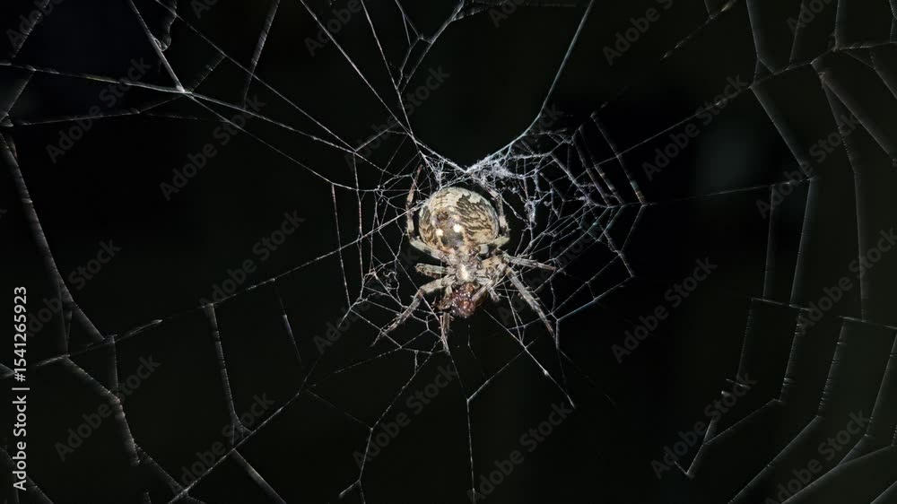 Night in the wild, Brown arachnid from the Araneae order spins its intricate web, captured in a macro closeup that reveals its piercing eyes, scary and fascinating nature's tiny predators.