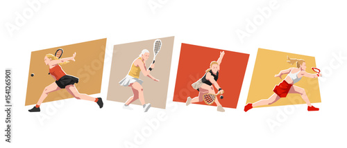 Set of female squash player. Dynamic pose. Cartoon flat vector illustration.