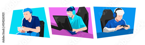 Set of male gamer, professional esport, cyber sport. Dynamic pose, activity. Cartoon flat vector illustration.