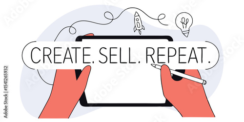 Hands holding a tablet with create sell repeat text and icons of rocket and lightbulb above it