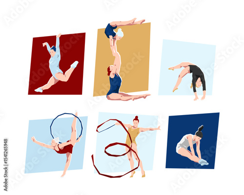 Set of gymnastics, trampoline female athlete. Dynamic pose, active. Cartoon flat vector illustration. 