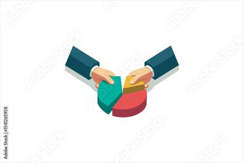 Vector illustration of two business hands holding three colorful segments of a pie chart, symbolizing market share distribution and competition. Ideal for business, finance, and economic analysis.