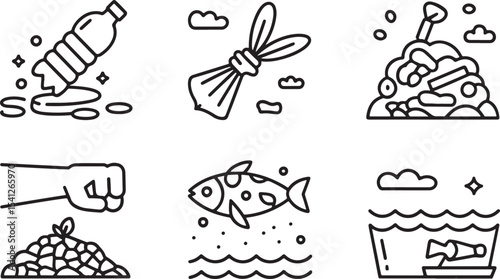 Depiction of pollution and environmental damage line icons for sustainability awareness and eco-concerns