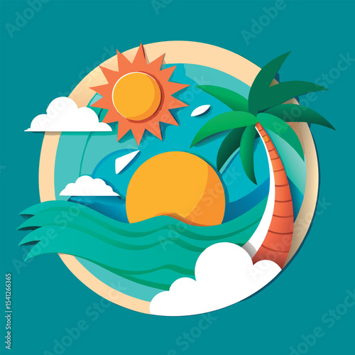 Colorful paper cut summer scene.