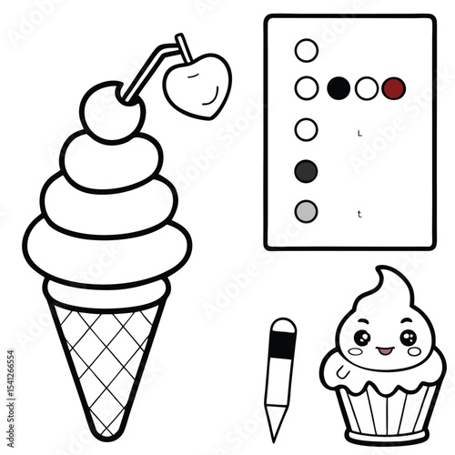 Set of delicious ice cream vector icons: cold desserts in cones, vanilla, chocolate, and strawberry flavors, perfect for a sweet summer snack symbol