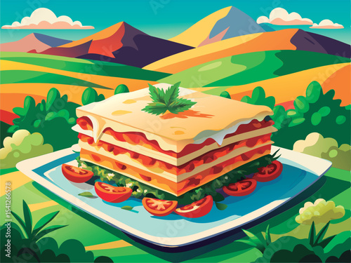Delicious lasagna outdoors on a sunny day.