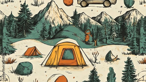 Vintage hand-drawn seamless pattern with retro camper, tent, and mountain elements