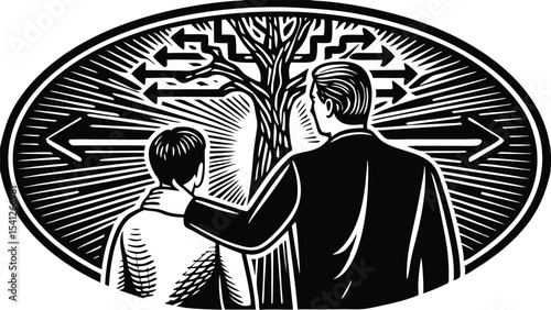 A man guiding a younger person through life choices represented by a tree and multiple arrows in black and white