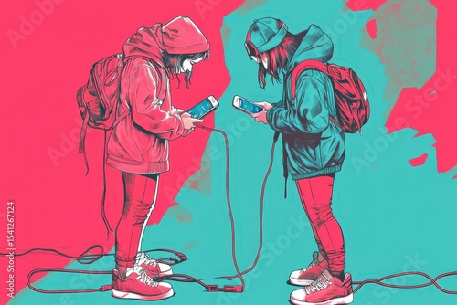 Connecting devices while standing together in a vibrant street with colorful background, Plugging and unplugging a smartphone